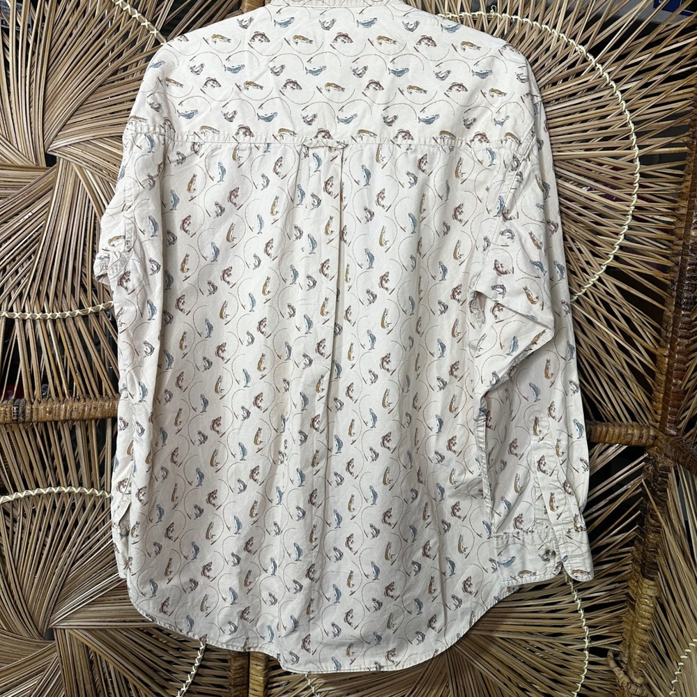 Chaps Ralph Lauren Mens M Vintage Fishing Print Cotton Button Down Shirt Cream - Picture 6 of 8